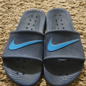 Nike Navy Slide Sandals with Light Blue Logo